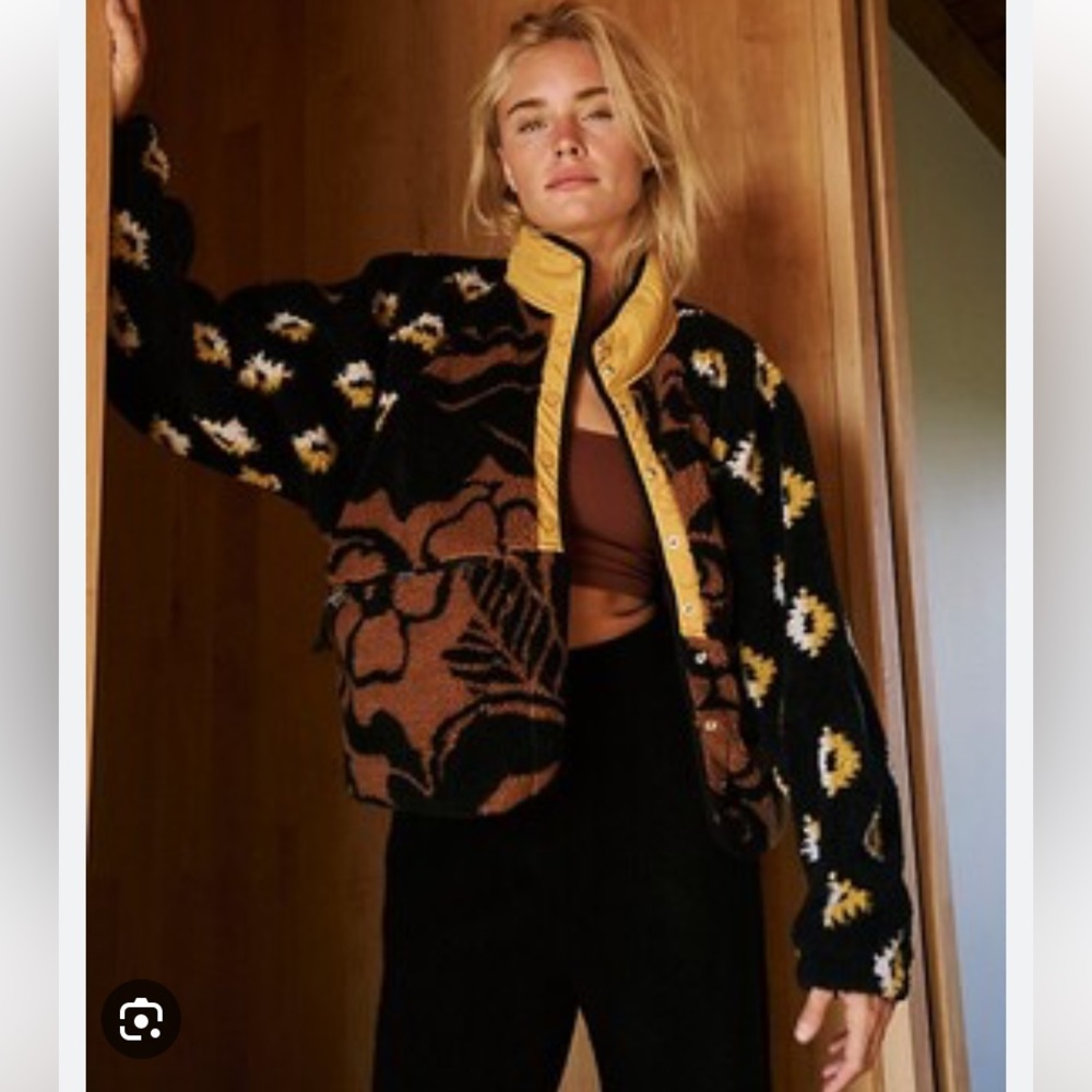Free People Black & Brown Floral Knit Jacket with Yellow Trim EUC